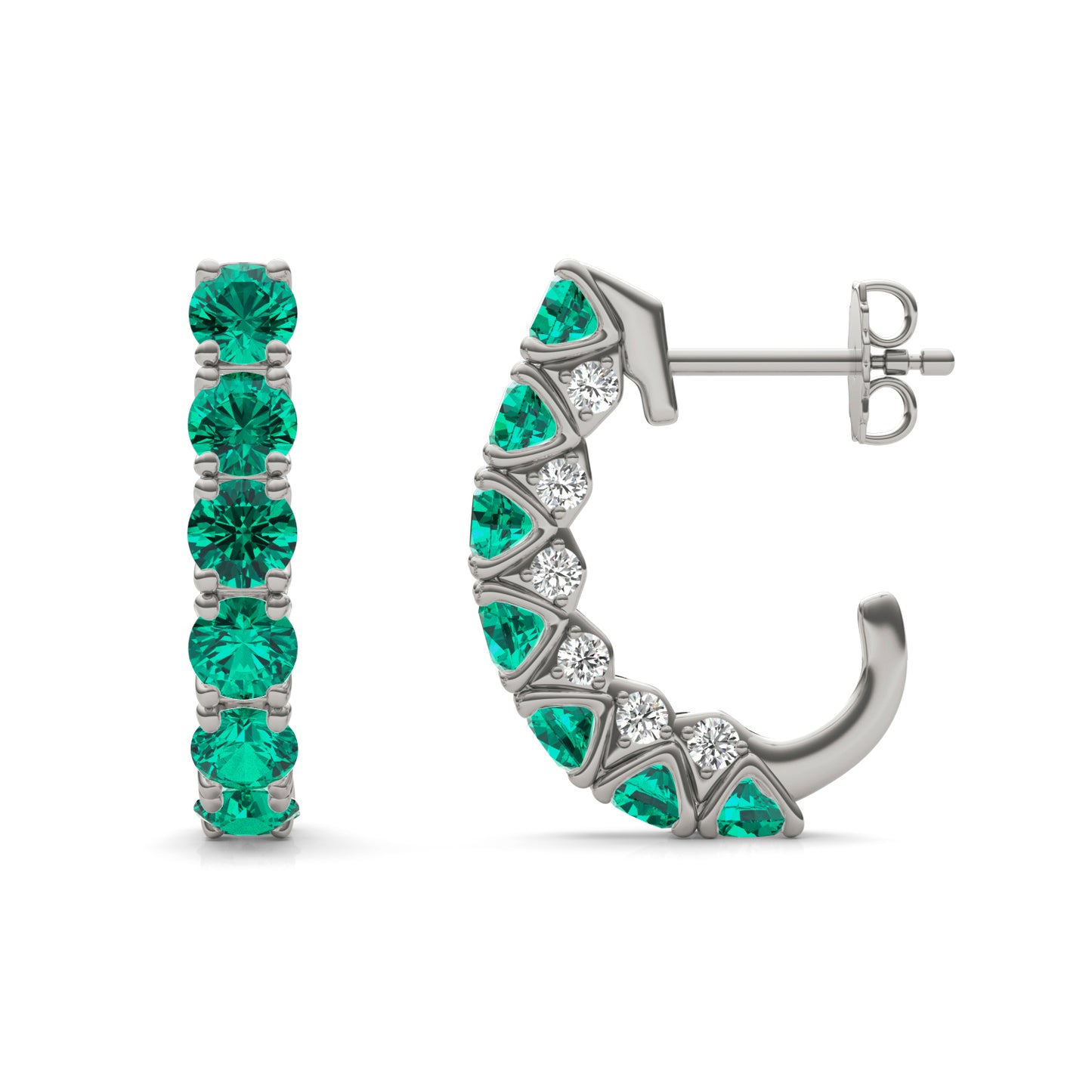 1/3 CTW Round Caydia Lab Grown Diamond J-Hoop Earrings 14K White Gold featuring Created Emerald