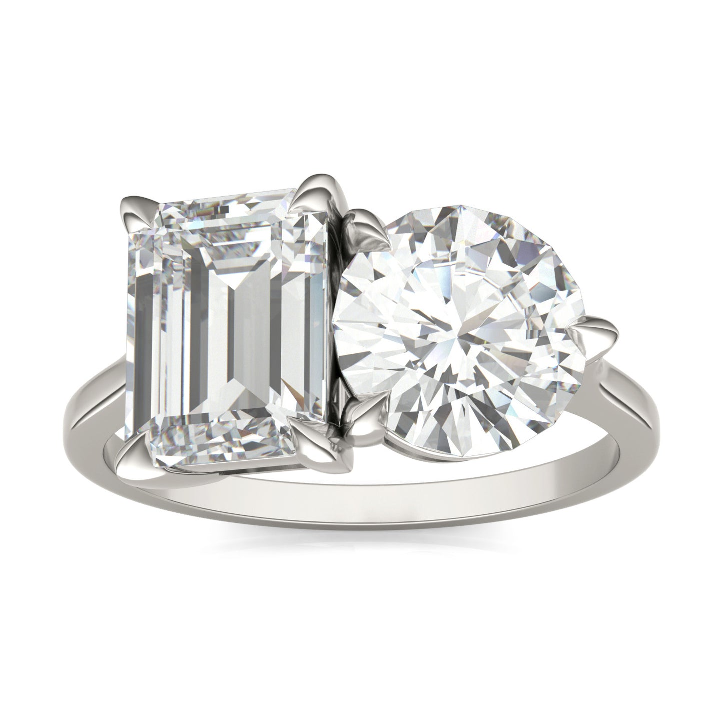 4.00 CTW DEW Round and Emerald Forever One Moissanite Classic Toi et Moi Ring 14K White Gold