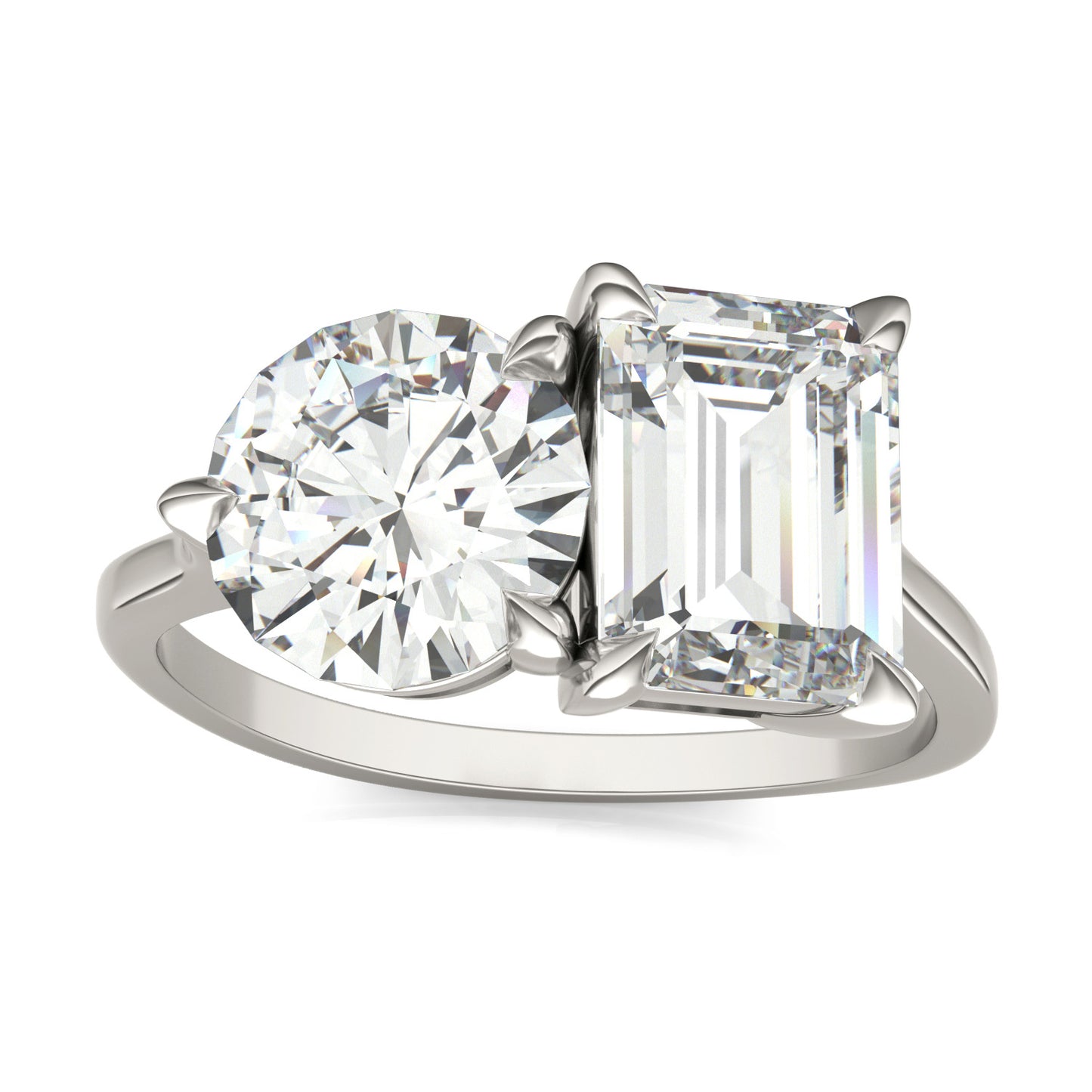 4.00 CTW DEW Round and Emerald Forever One Moissanite Asymmetrical Toi et Moi Ring 14K White Gold