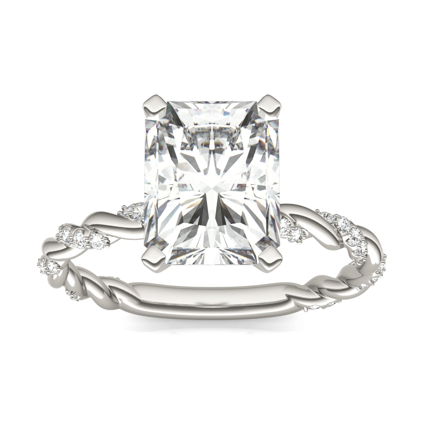 2.89 CTW DEW Radiant Forever One Moissanite Solitaire with Twist Side Accents Engagement Ring 14K White Gold