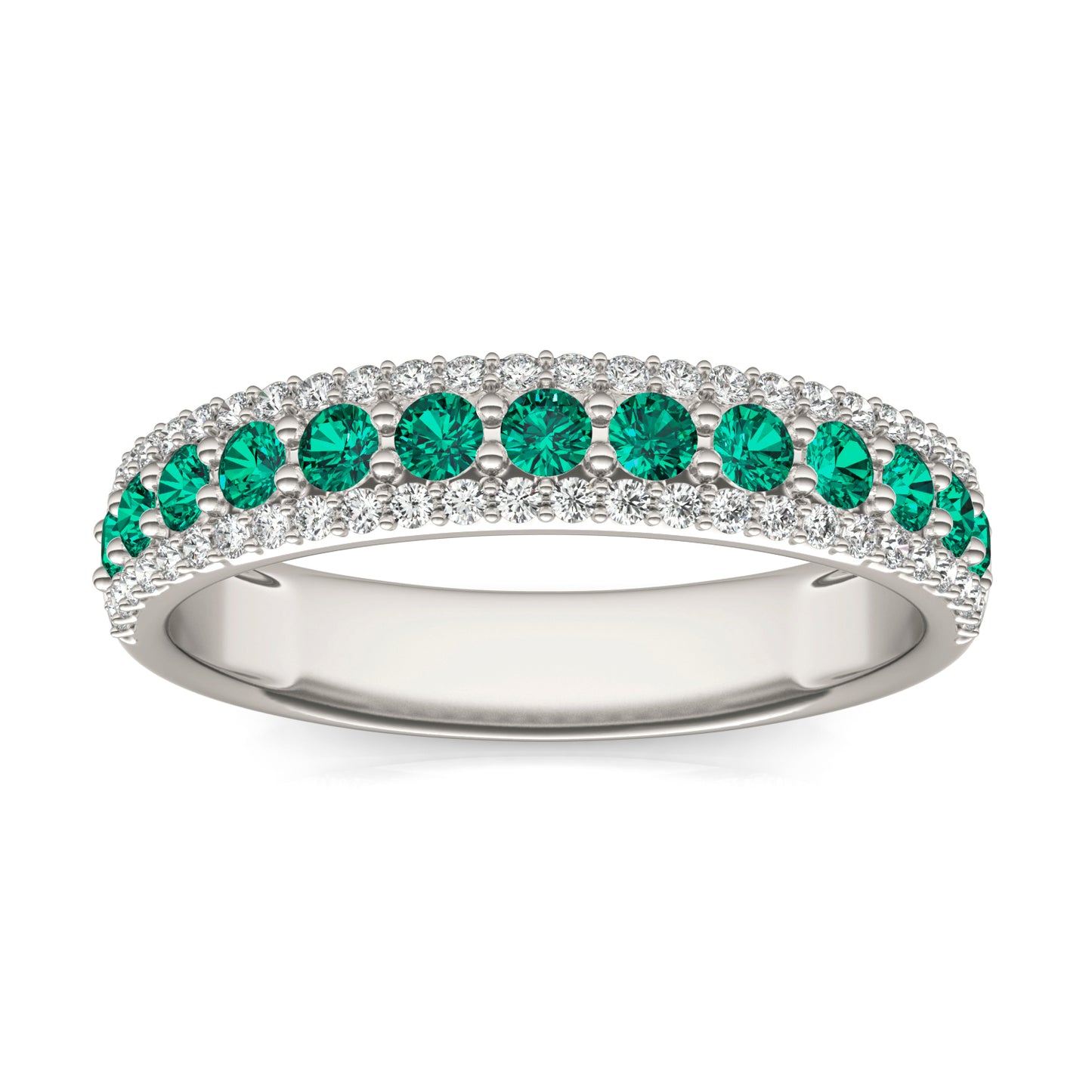 1/4 CTW Round Caydia Lab Grown Diamond Three Row Band Ring 14K White Gold featuring Created Emerald