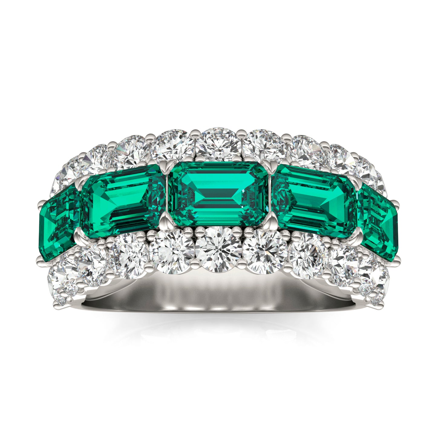 1 3/4 CTW Round Caydia Lab Grown Diamond Three Row Ring 14K White Gold featuring Created Emerald