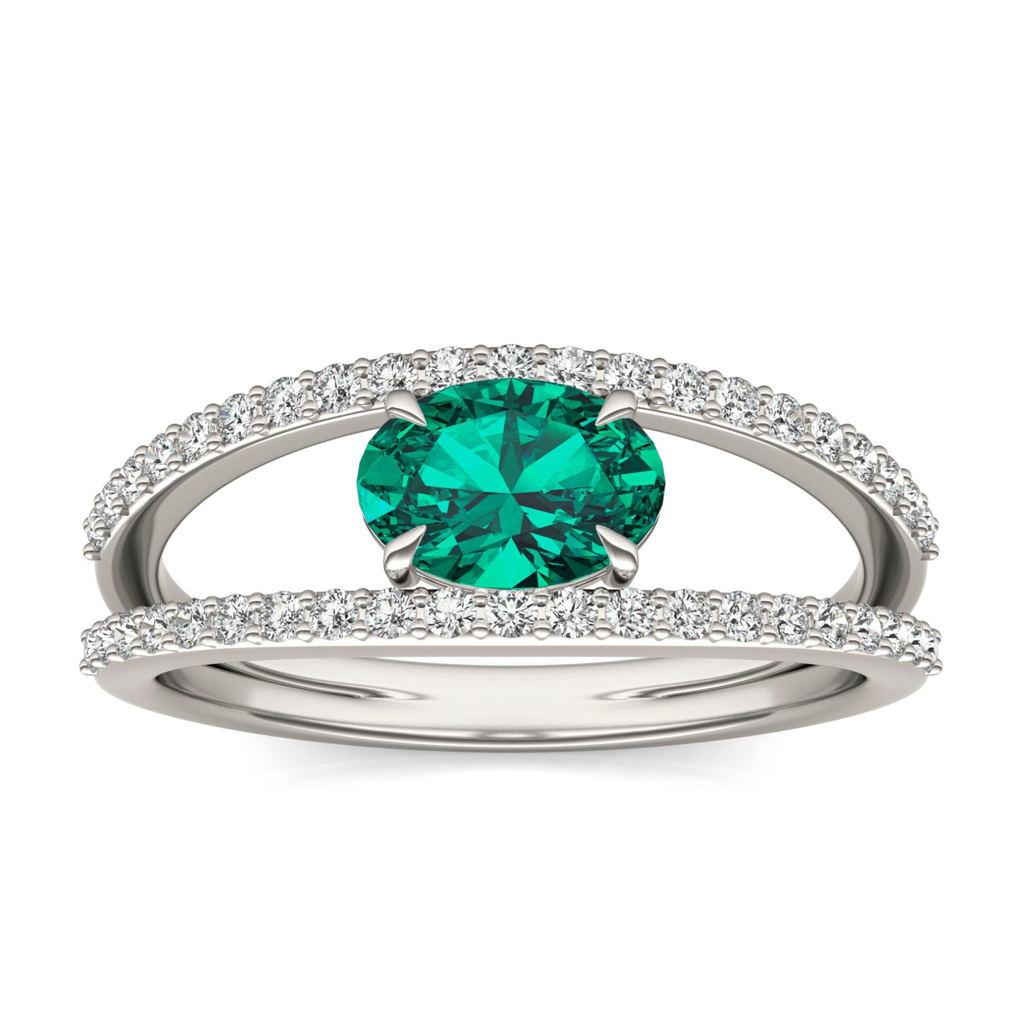 1/3 CTW Round Caydia Lab Grown Diamond Split Shank Ring 14K White Gold featuring Created Emerald