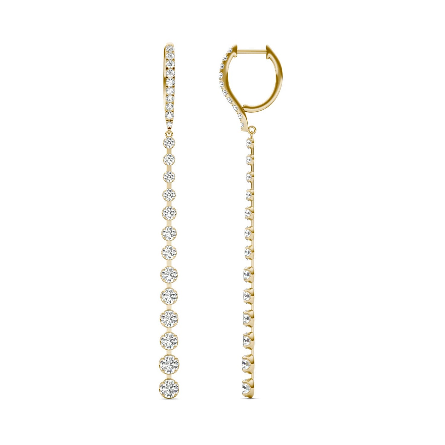 3 5/8 CTW Round Caydia Lab Grown Diamond Couture Graduated Drop Hoop Earrings 14K Yellow Gold Stone Color F