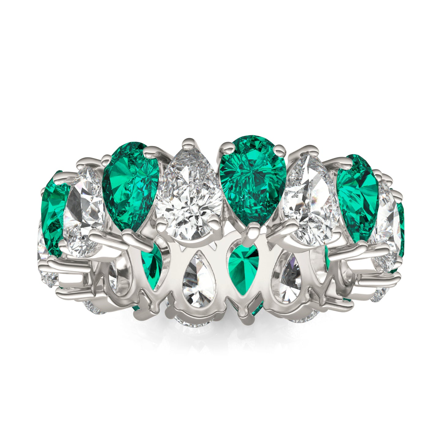 3 CTW Pear Caydia Lab Grown Diamond Couture Alternating Eternity Ring 14K White Gold featuring Created Emerald