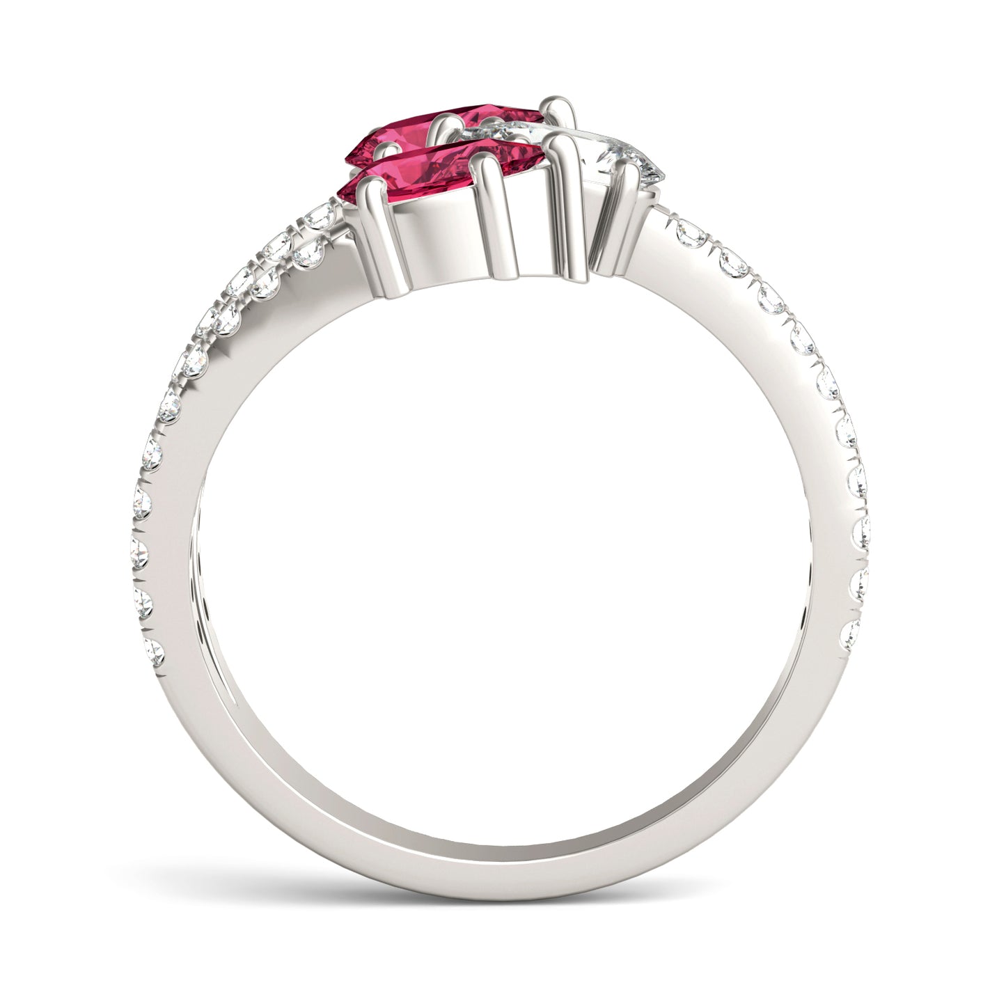 3/4 CTW Pear Caydia Lab Grown Diamond Couture Three Stone Fashion Ring 14K White Gold featuring Created Ruby