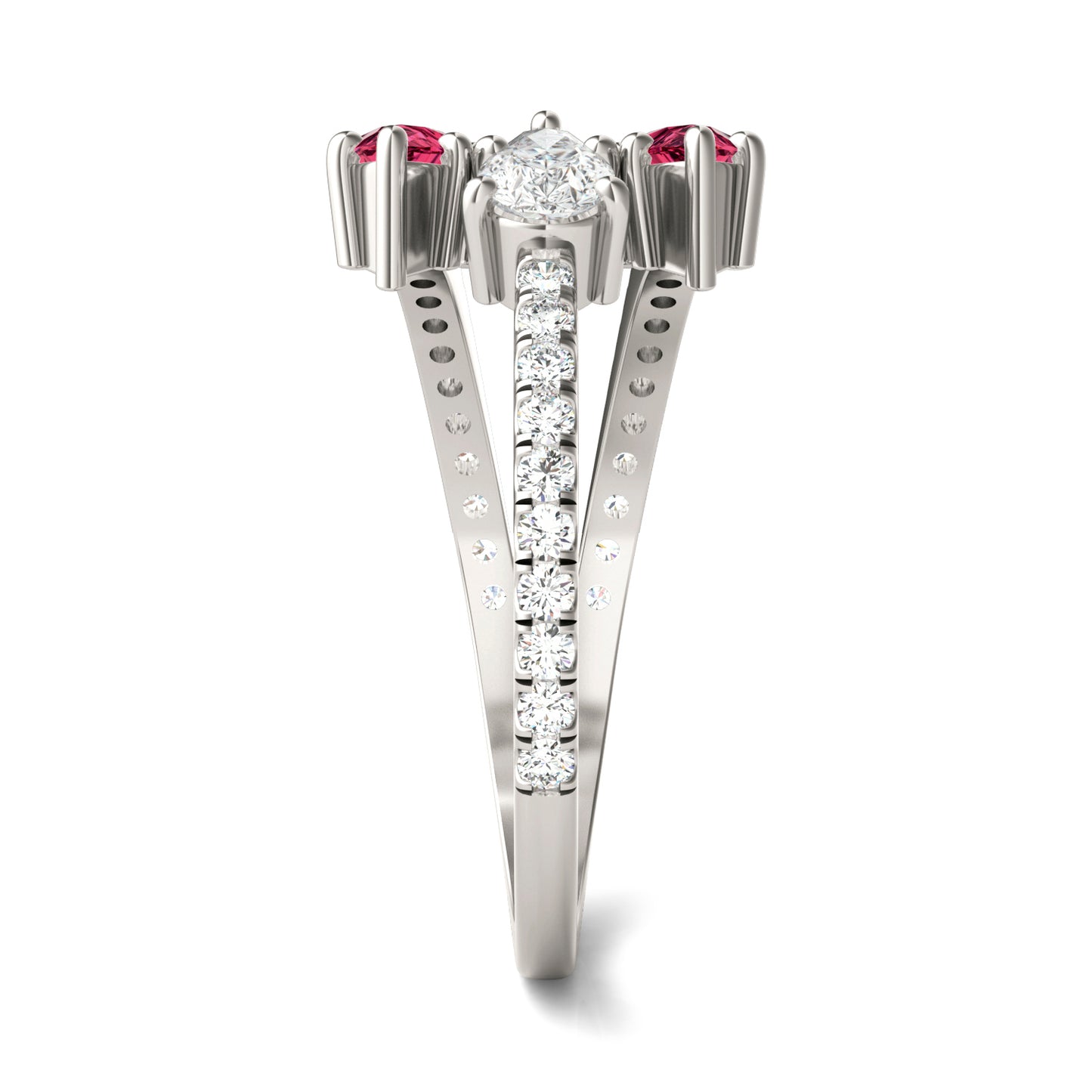 3/4 CTW Pear Caydia Lab Grown Diamond Couture Three Stone Fashion Ring 14K White Gold featuring Created Ruby