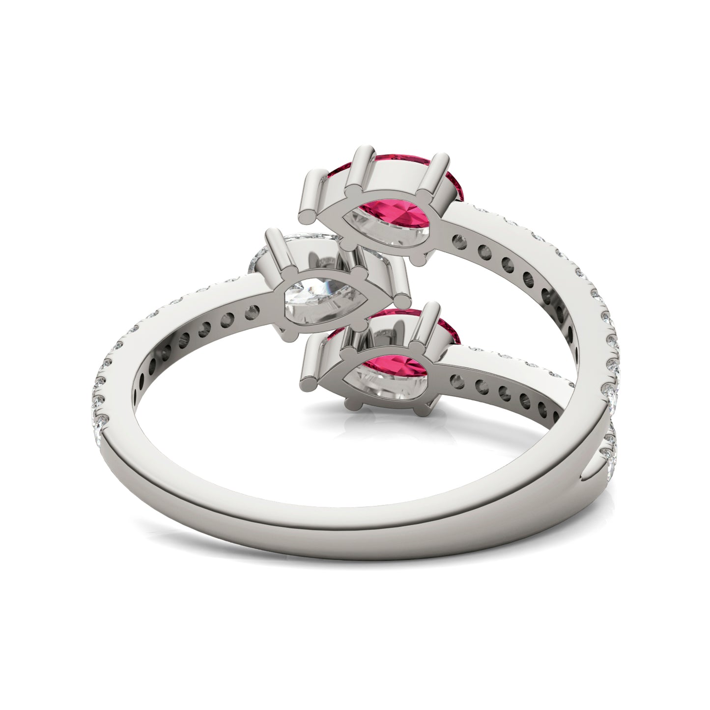 3/4 CTW Pear Caydia Lab Grown Diamond Couture Three Stone Fashion Ring 14K White Gold featuring Created Ruby