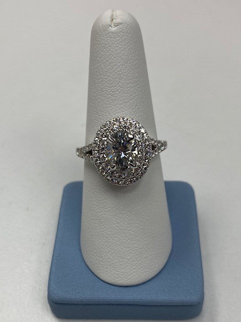 2.32 CTW DEW Oval Forever One Moissanite Double Halo with Side Accents Engagement Ring in 14K White Gold, Size 7.0