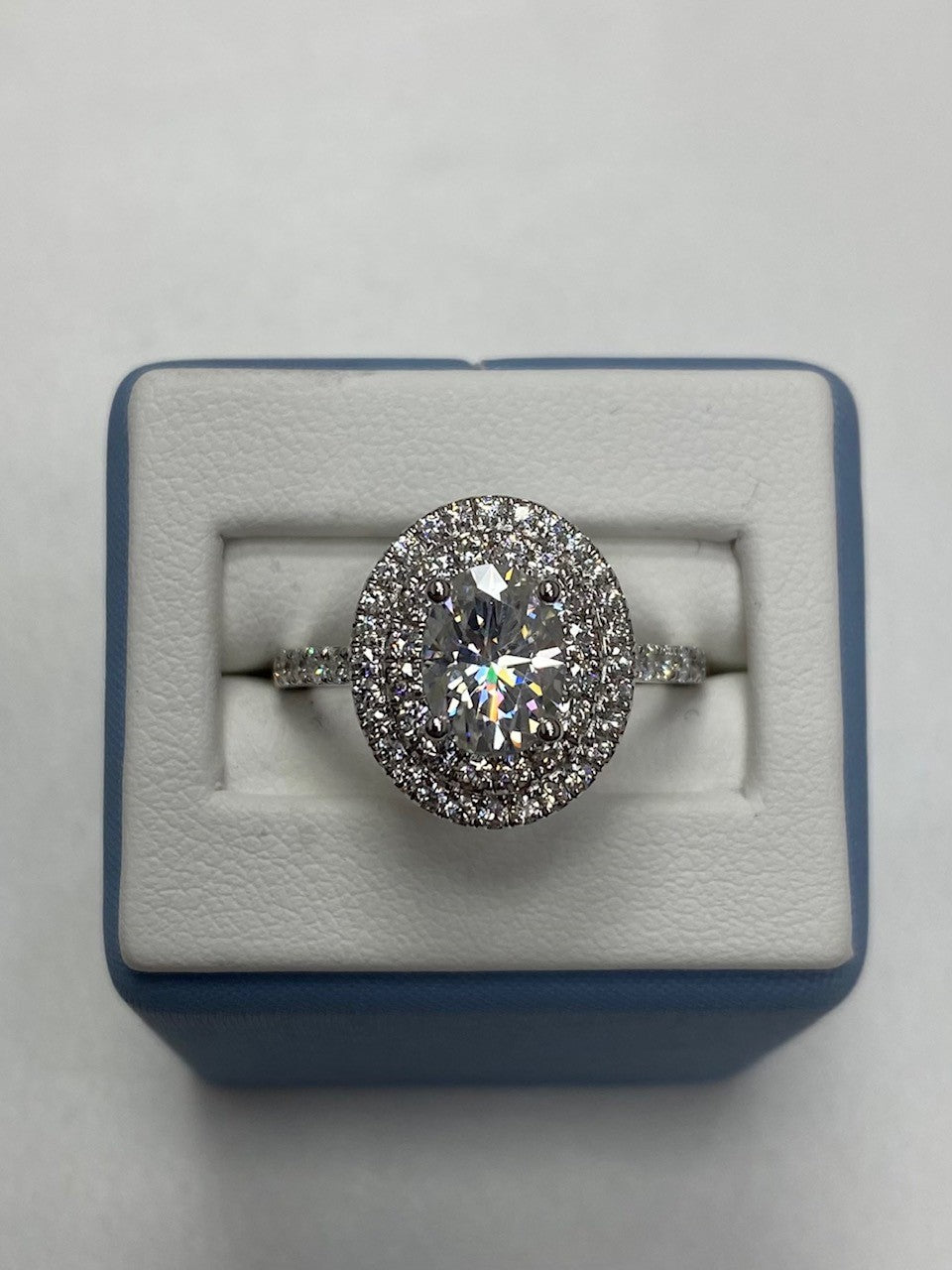 2.21 CTW DEW Oval Forever One Moissanite Double Halo with Side Accents Engagement Ring in 14K White Gold, Size 7.0