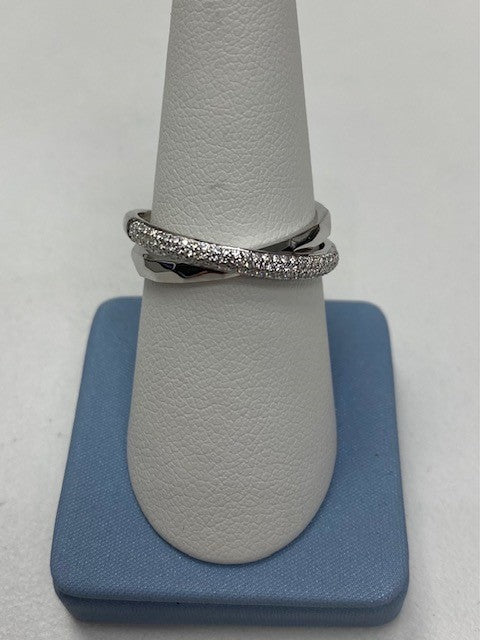 0.19 CTW DEW Round Forever One Moissanite Crossover Ring 14K White Gold, Size 7.0