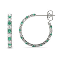 7/8 CTW Round Caydia Lab Grown Diamond Alternating Hoop Earrings 14K White Gold featuring Created Emerald