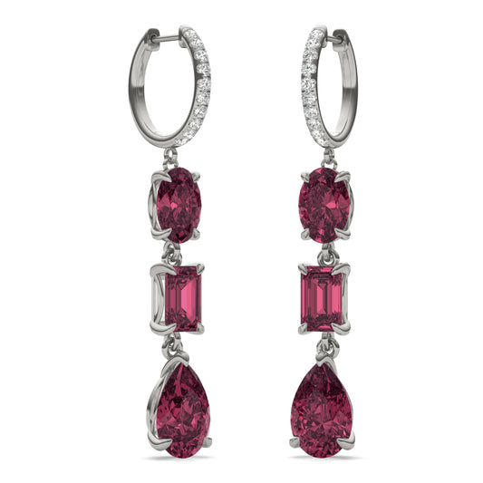 1/5 CTW Round Caydia Lab Grown Diamond Huggie Three Stone Drop Earrings 14K White Gold featuring Created Ruby