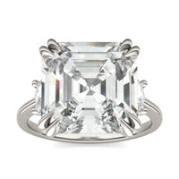 8.84 CTW DEW Asscher Forever One Moissanite Three Stone Exotic Ring 18K White Gold