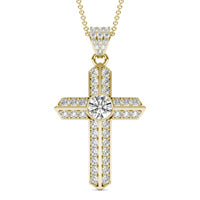 1 7/8 CTW Round Caydia Lab Grown Diamond Double Row Mens Cross Necklace 14K Yellow Gold