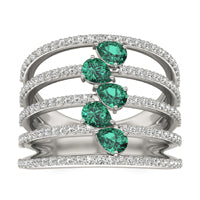 2/3 CTW Round Caydia Lab Grown Diamond Five Row Statement Ring 14K White Gold featuring Created Emerald