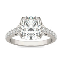 2.81 CTW DEW Elongated Cushion Forever One Moissanite Cathedral Solitaire with Side Accents Ring 14K White Gold