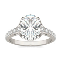 3.01 CTW DEW Elongated Oval Forever One Moissanite Cathedral Solitaire with Side Accents Ring 14K White Gold