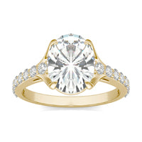 3.01 CTW DEW Elongated Oval Forever One Moissanite Cathedral Solitaire with Side Accents Ring 14K Yellow Gold