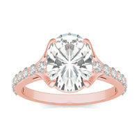 3.01 CTW DEW Elongated Oval Forever One Moissanite Cathedral Solitaire with Side Accents Ring 14K Rose Gold