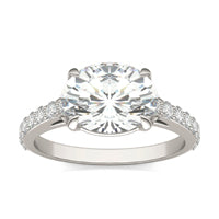 3.01 CTW DEW Elongated Oval Forever One Moissanite Cathedral East-West Solitaire with Side Accents Ring 14K White Gold