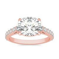 3.01 CTW DEW Elongated Oval Forever One Moissanite Cathedral East-West Solitaire with Side Accents Ring 14K Rose Gold