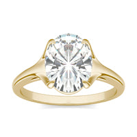 2.50 CTW DEW Elongated Oval Forever One Moissanite Cathedral Solitaire Ring 14K Yellow Gold