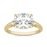 2.50 CTW DEW Elongated Oval Forever One Moissanite Cathedral East-West Solitaire Ring 14K Yellow Gold
