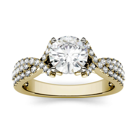 1.56 CTW DEW Round Forever One Moissanite Triple Row Solitaire with Side Accents Ring in 14K Yellow Gold