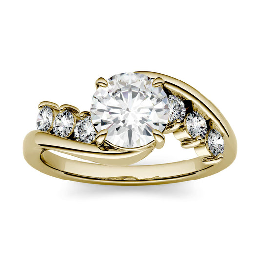 1.38 CTW DEW Round Forever One Moissanite Solitaire Bypass with Side Accents Engagement Ring in 14K Yellow Gold