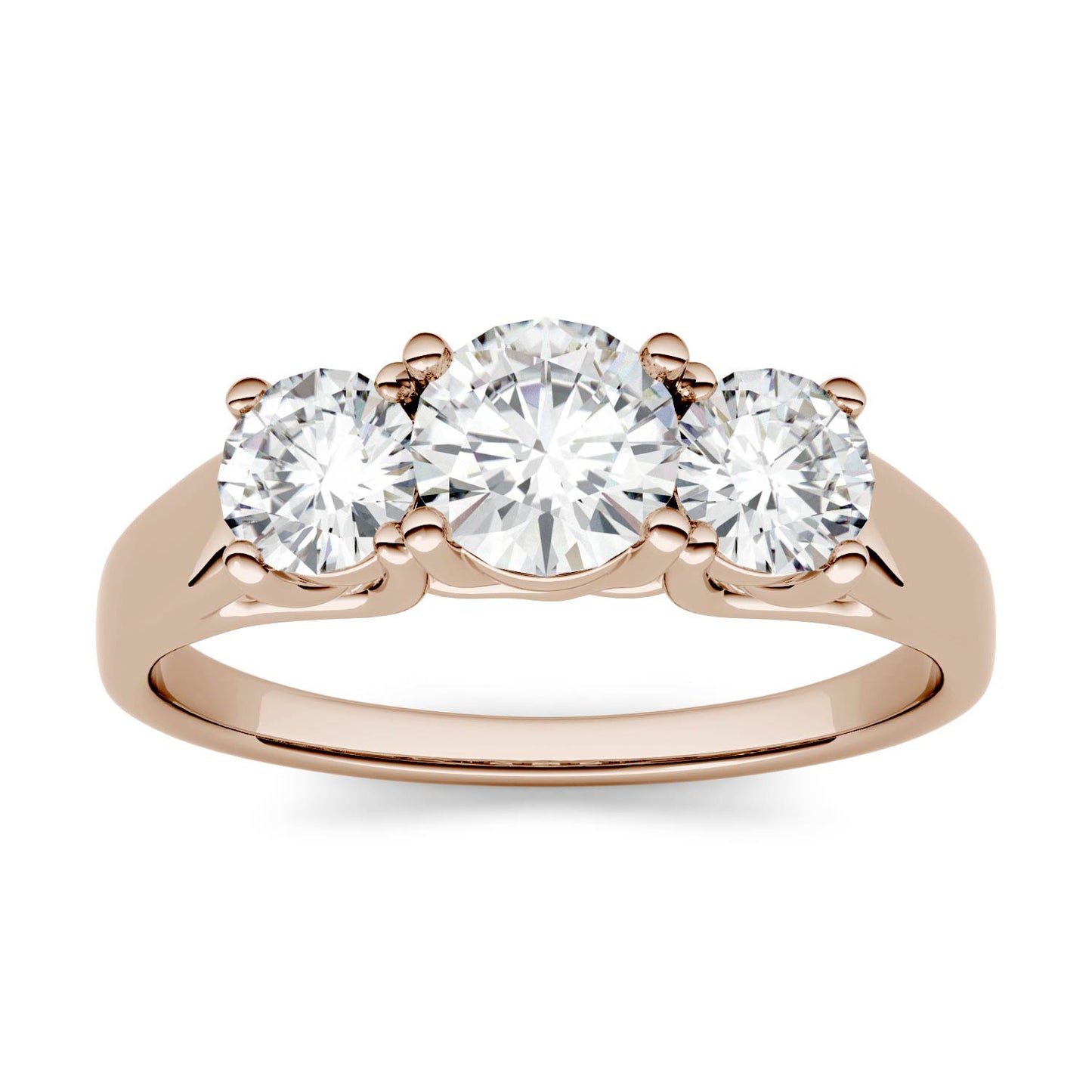 2.00 CTW DEW Round Forever One Moissanite Three Stone Trellis Ring in 14K Rose Gold