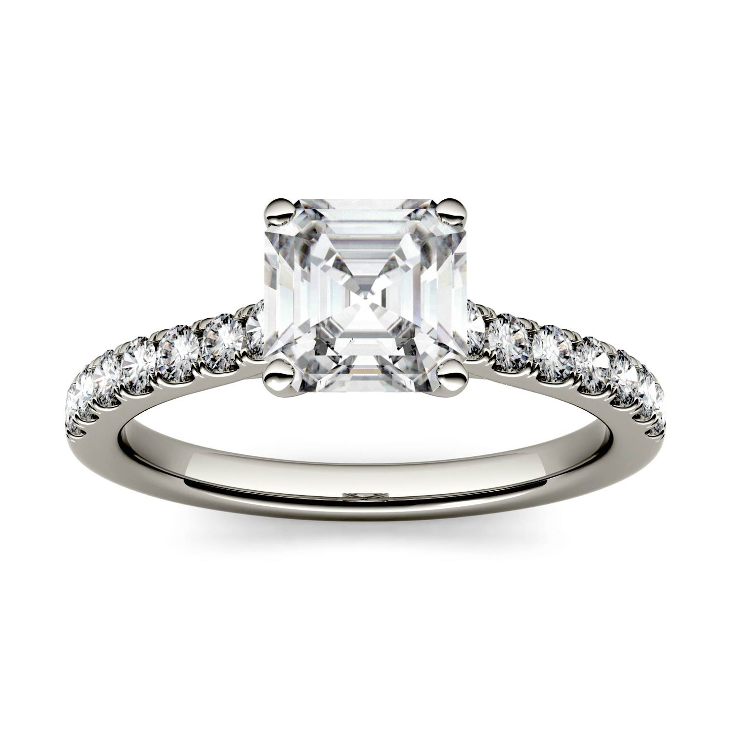 1.58 CTW DEW Asscher Forever One Moissanite Solitaire with Side Accents Engagement Ring in 14K White Gold