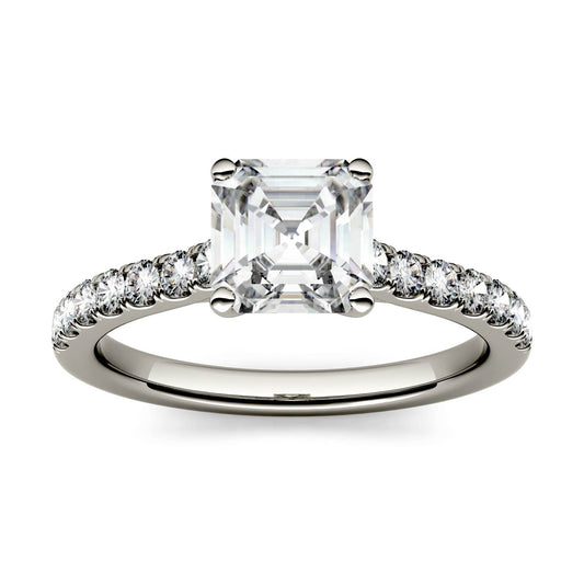 1.58 CTW DEW Asscher Forever One Moissanite Solitaire with Side Accents Engagement Ring in 14K White Gold