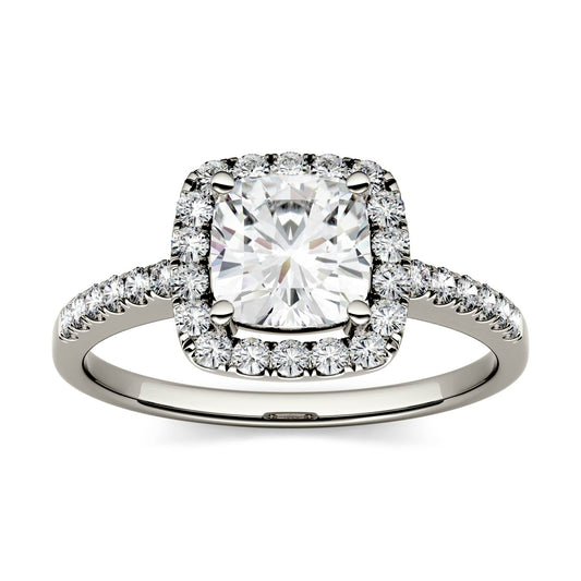 1.40 CTW DEW Cushion Forever One Moissanite Halo Engagement Ring in 14K White Gold