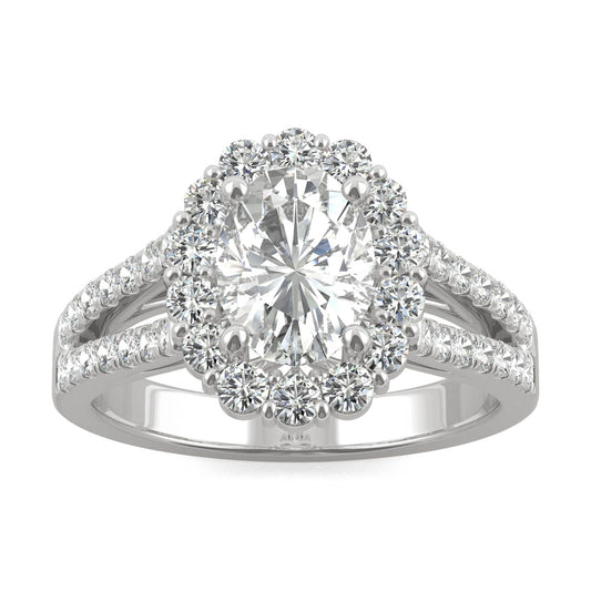 2.14 CTW DEW Oval Forever One Moissanite Signature Halo Split Shank Engagement Ring in 14K White Gold