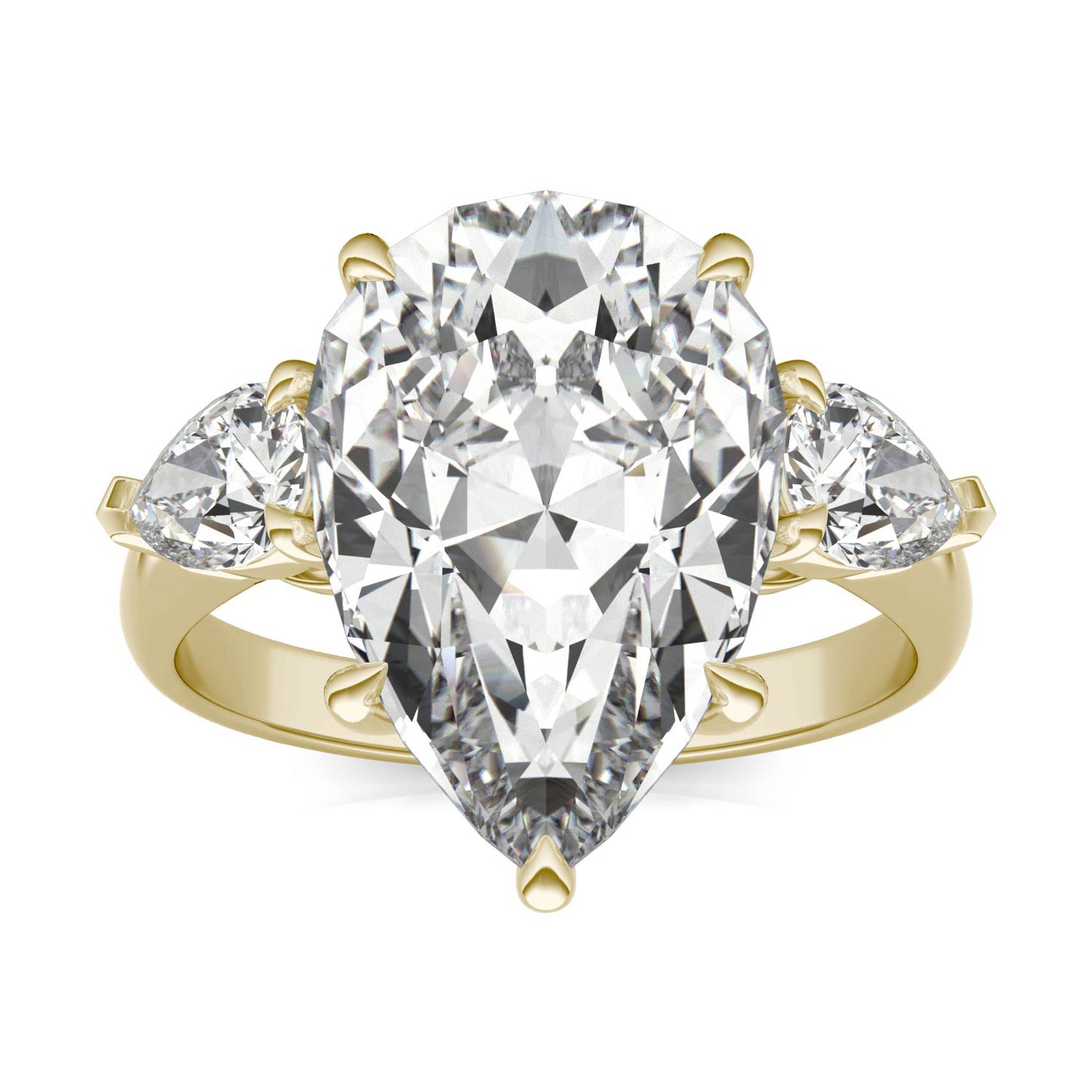 7.62 CTW DEW Pear Forever One Moissanite Three Stone Ring 18K Yellow Gold, Color Grade G, Ring Size 7.0