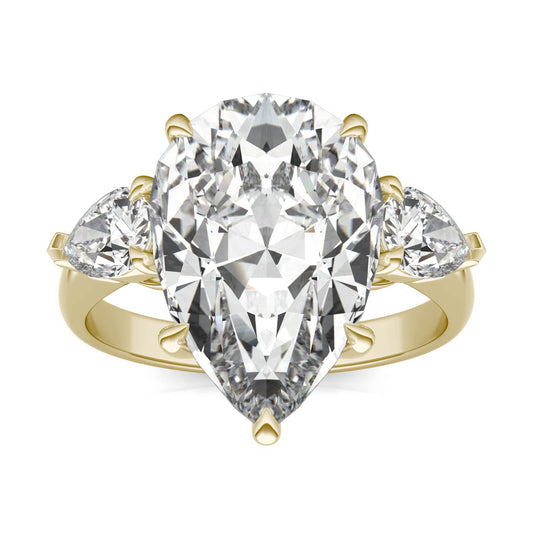 7.62 CTW DEW Pear Forever One Moissanite Three Stone Ring 18K Yellow Gold, Color Grade G, Ring Size 7.0
