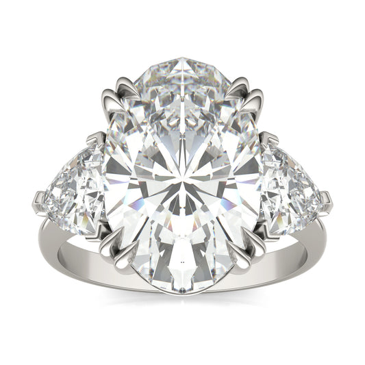 10.25 CTW DEW Elongated Oval Forever One Moissanite Three Stone Ring 18K White Gold, Color Grade D, Ring Size 7.0