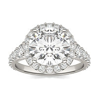 4.31 CTW DEW Round Forever One Moissanite Signature Graduated Side Stone Halo Engagement Ring 14K White Gold