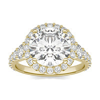 4.31 CTW DEW Round Forever One Moissanite Signature Graduated Side Stone Halo Engagement Ring 14K Yellow Gold