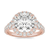 4.31 CTW DEW Round Forever One Moissanite Signature Graduated Side Stone Halo Engagement Ring 14K Rose Gold