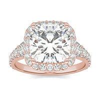4.26 CTW DEW Cushion Forever One Moissanite Signature Graduated Side Stone Halo Engagement Ring 14K Rose Gold