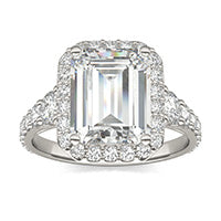 4.63 CTW DEW Emerald Forever One Moissanite Signature Graduated Side Stone Halo Engagement Ring 14K White Gold