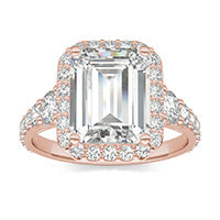 4.63 CTW DEW Emerald Forever One Moissanite Signature Graduated Side Stone Halo Engagement Ring 14K Rose Gold