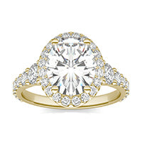 4.05 CTW DEW Oval Forever One Moissanite Signature Graduated Side Stone Halo Engagement Ring 14K Yellow Gold