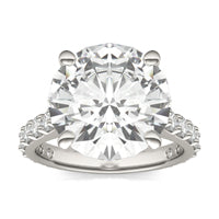 8.71 CTW DEW Round Forever One Moissanite Cathedral Solitaire with Side Accents Exotic Ring 18K White Gold