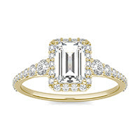 1.55 CTW DEW Emerald Forever One Moissanite Signature Graduated Side Stone Halo Engagement Ring 14K Yellow Gold