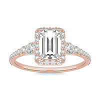 1.55 CTW DEW Emerald Forever One Moissanite Signature Graduated Side Stone Halo Engagement Ring 14K Rose Gold