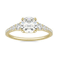1.44 CTW DEW Round Forever One Moissanite Signature Graduated Side Stone Engagement Ring 14K Yellow Gold