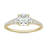 1.42 CTW DEW Cushion Forever One Moissanite Signature Graduated Side Stone Engagement Ring 14K Yellow Gold